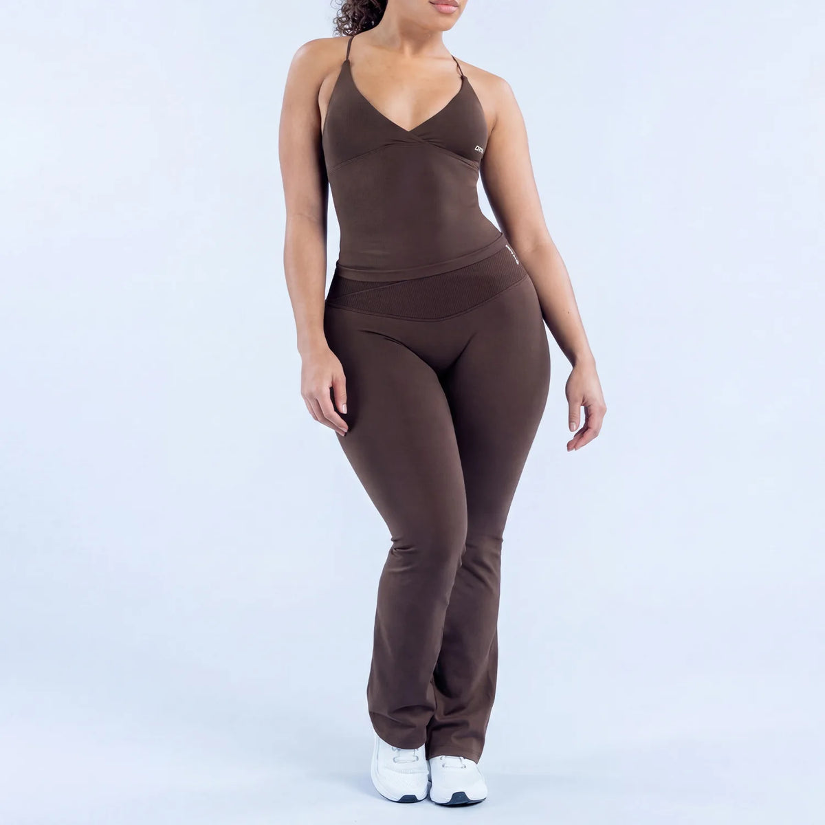 2PCS LOGO Fitness  Halter V‑Neck Push Up Sports Bra High Waist Flare Leggings Soft Stretchy Hip Lifting Gym Workout Outfit Suit