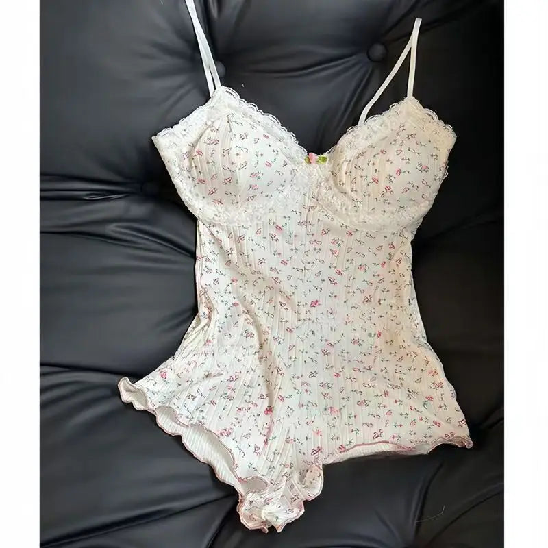Women's Sweet Pink Floral Print Lace Trim Bodysuit Spaghetti Straps Ruffle Hem Cute Kawaii Lingerie Sleepwear One Piece Outfit