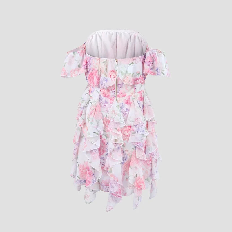 Chic Floral Printed Mini Dress Backless Sleeveless Hem Stacking Dresses Sweet A Line Vestidos 2025 New Lady Party Club Clothing