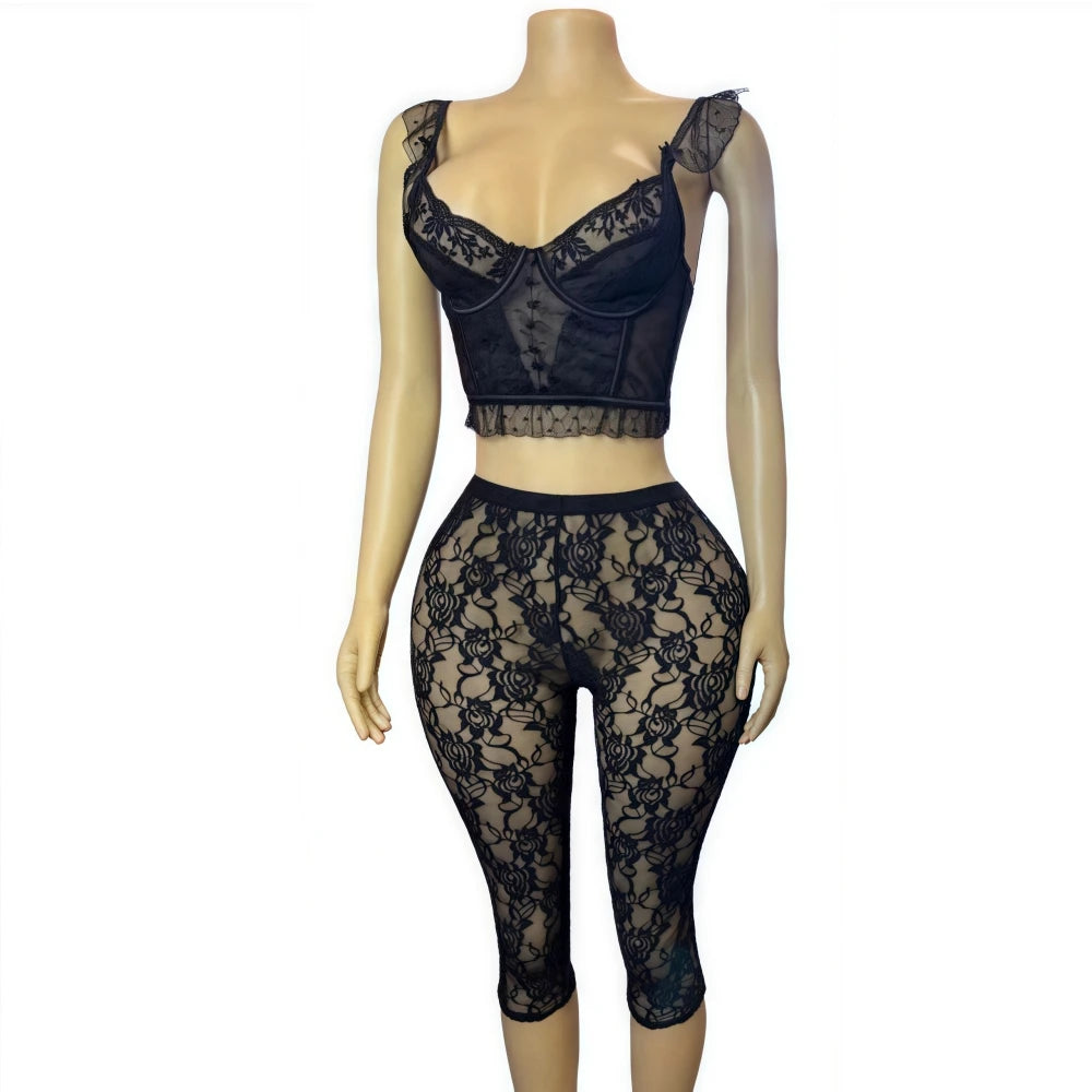 HLJ&GG Sexy Lace See Through 2 Pieces Set for Woman Spaghetti Strap Crop Top + Leggings Pants Suit Female Y2k Streetwear New