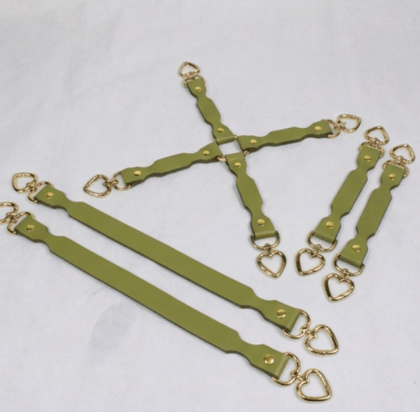 BDSM Restraint Connector Set Avocado Leather with Heart Rings