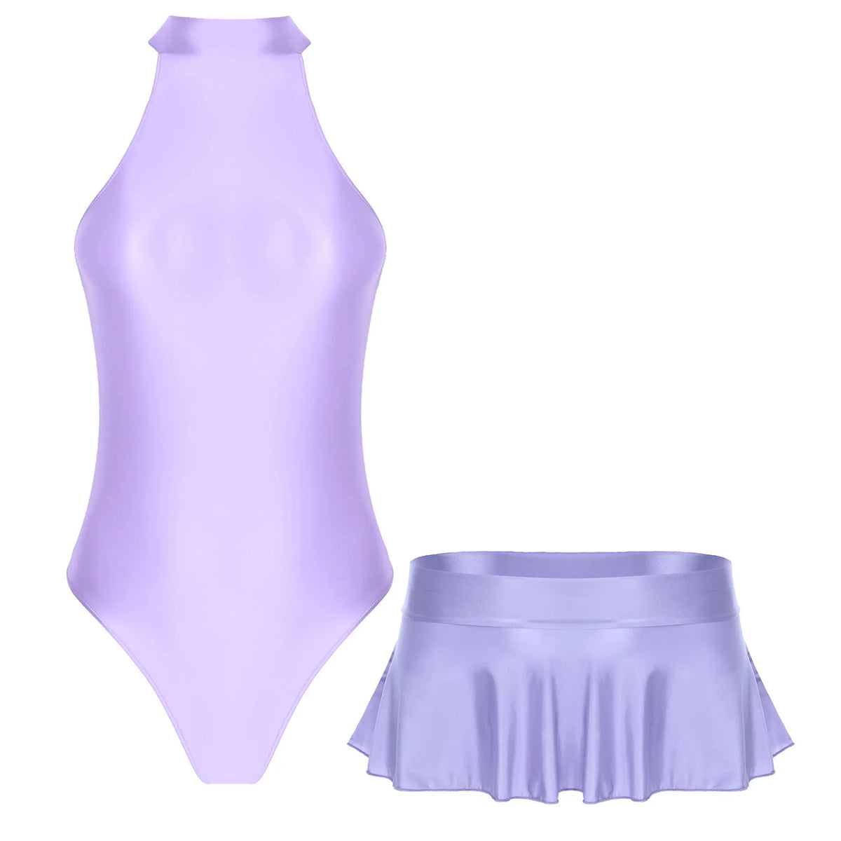Women Glossy Outfits Swimwear Sleeveless Back Zipper Bodysuit Leotard with Elastic SkirtS for Club Dance Raves Party Nightwear