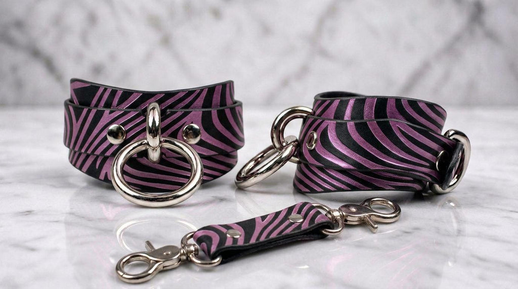 Leather BDSM Cuffs, Abstract Wave Leather Wrist Restraints Studio