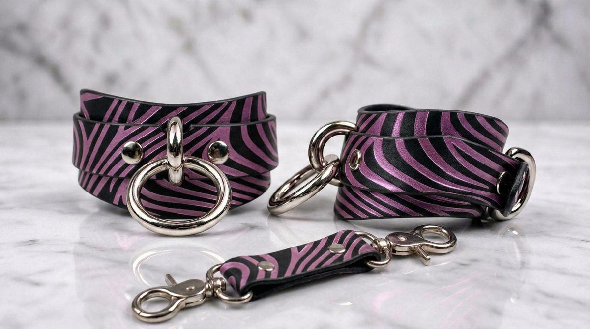 Leather BDSM Cuffs, Abstract Wave Leather Wrist Restraints Studio