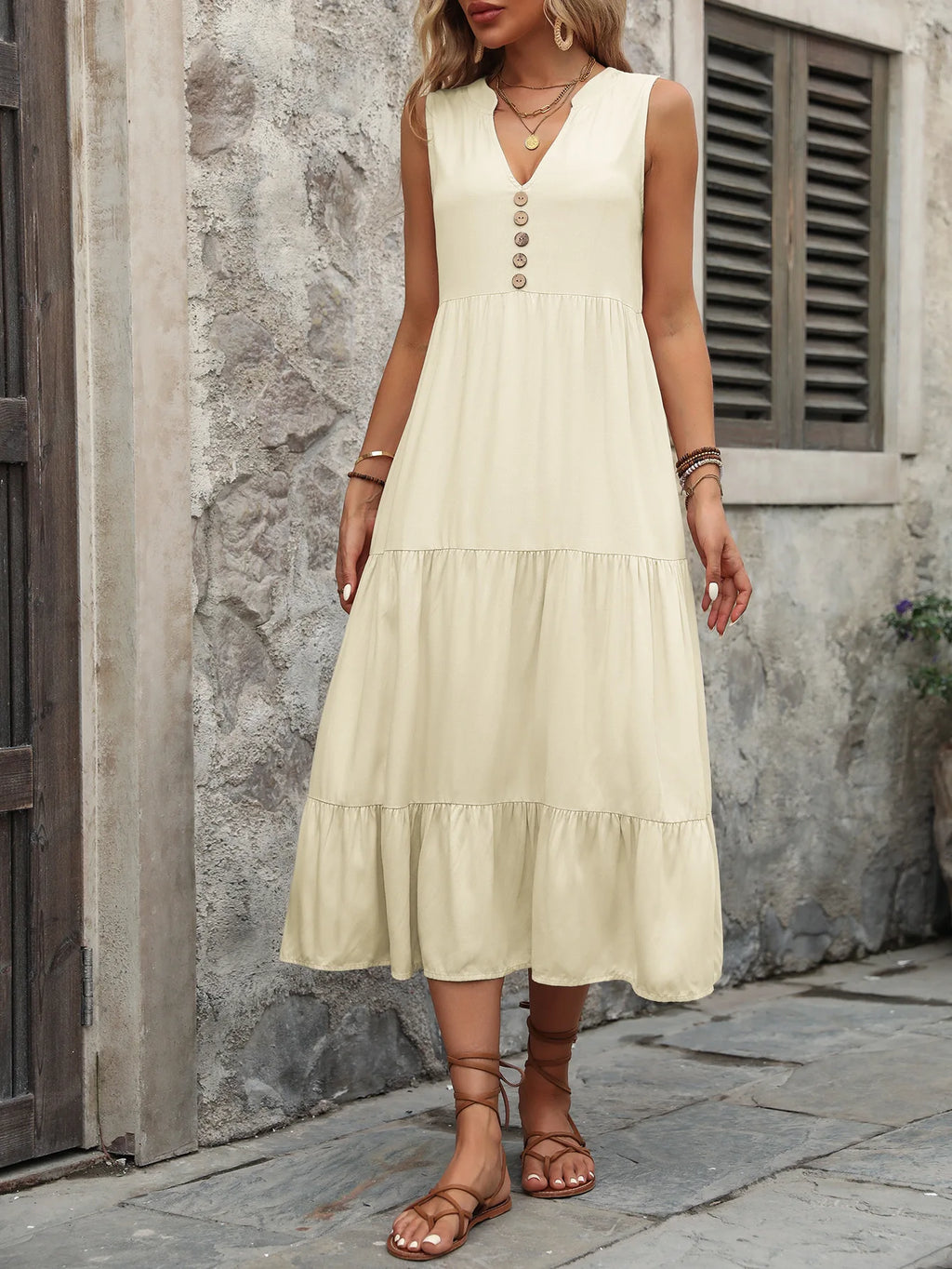 Casual Summer Midi Dress Women Sleeveless Tank V-Neck Buttons Ruffle Loose Dresses Beach Soild Sundress New Fashion Ladies Dress