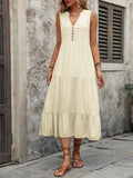 Casual Summer Midi Dress Women Sleeveless Tank V-Neck Buttons Ruffle Loose Dresses Beach Soild Sundress New Fashion Ladies Dress
