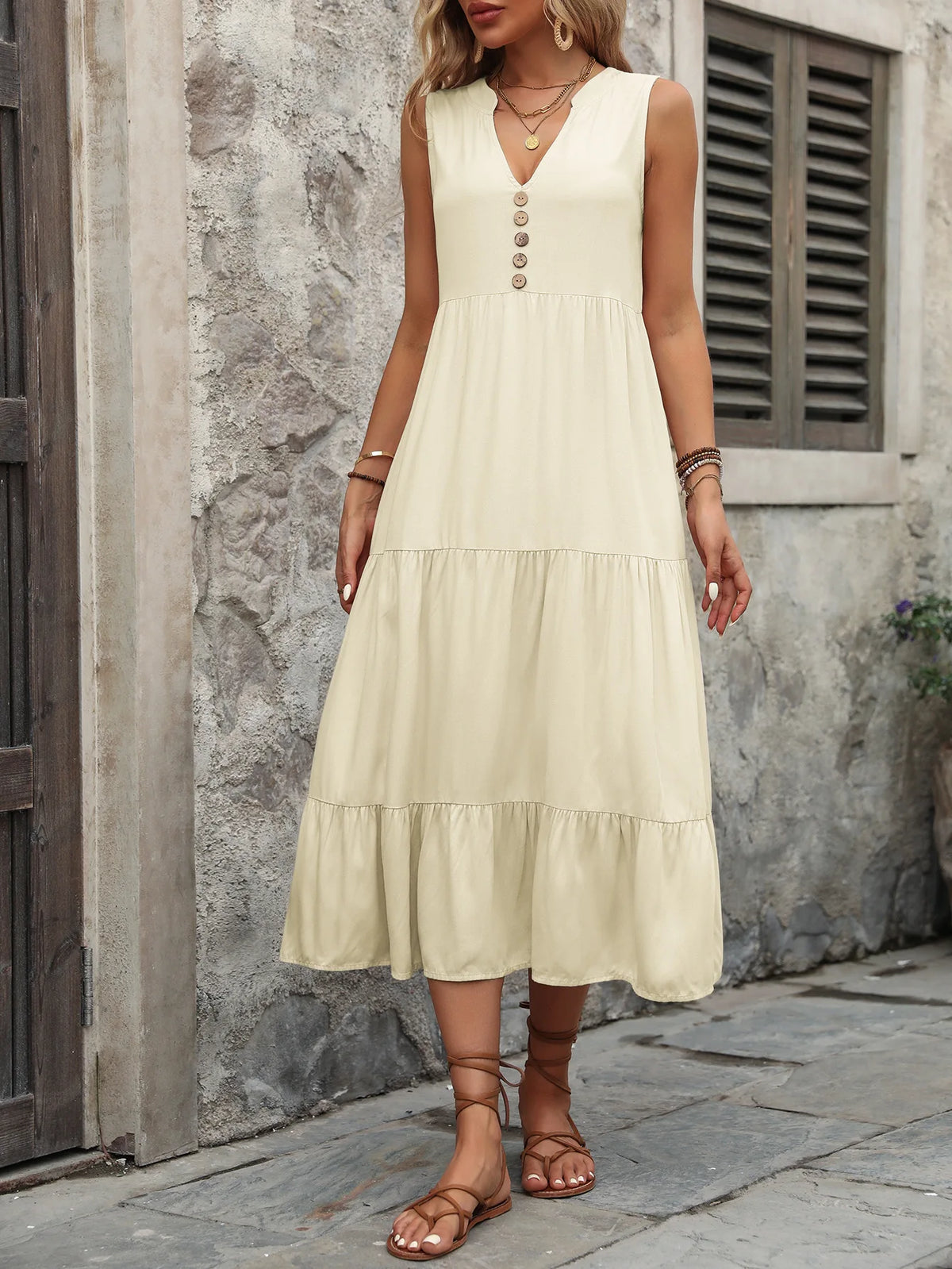 Casual Summer Midi Dress Women Sleeveless Tank V-Neck Buttons Ruffle Loose Dresses Beach Soild Sundress New Fashion Ladies Dress