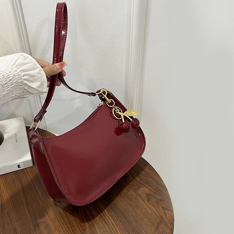 Vintage Retro Shoulder Bag for Women PU Leather Underarm Crossbody Ladies Casual Handbag Purse with Cherry Pendant