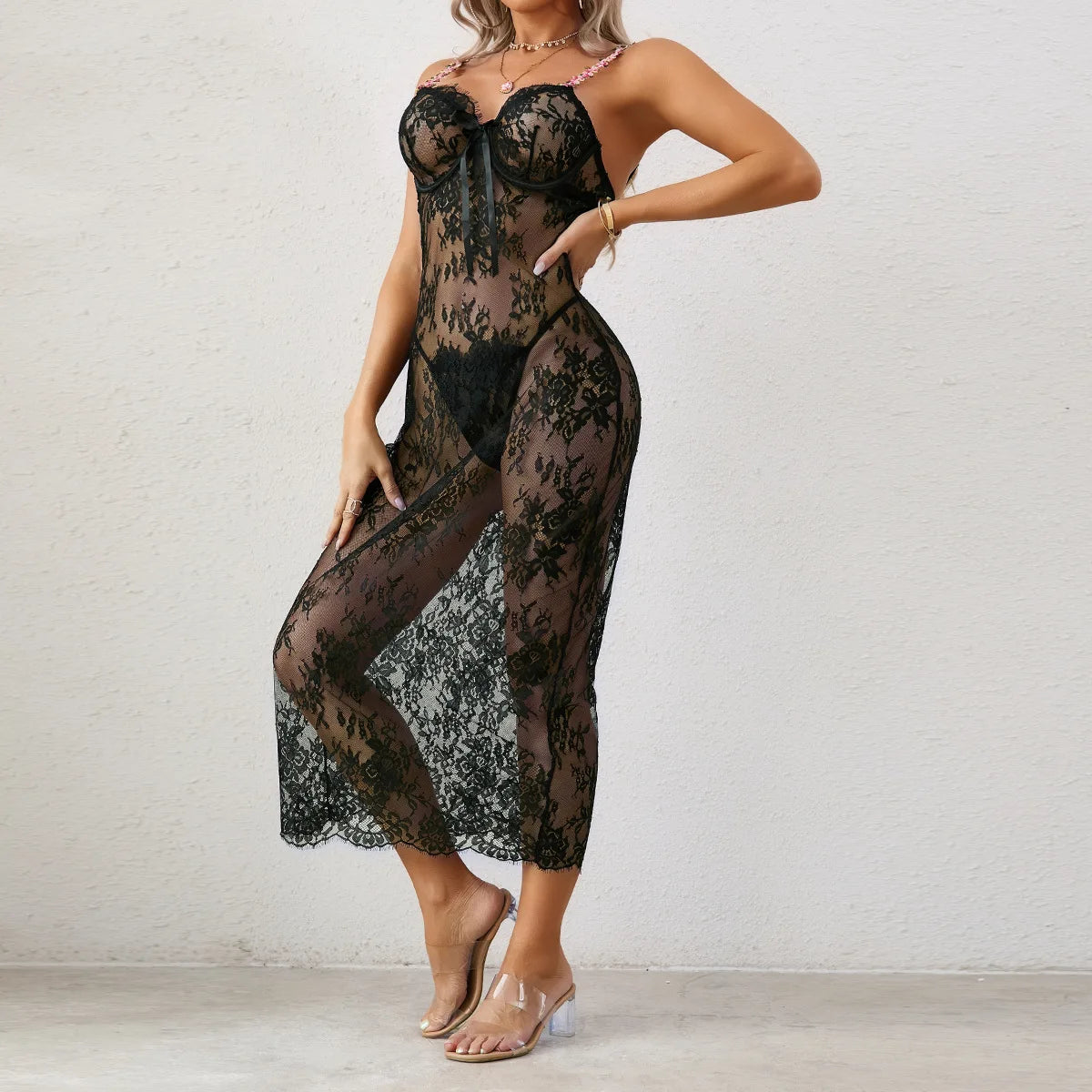 Sexy See-through Lace Dress Women Sleepwear Plunging Back Nightgown Long Dress Set Summer Evening Pajamas Backless Sling Dresses