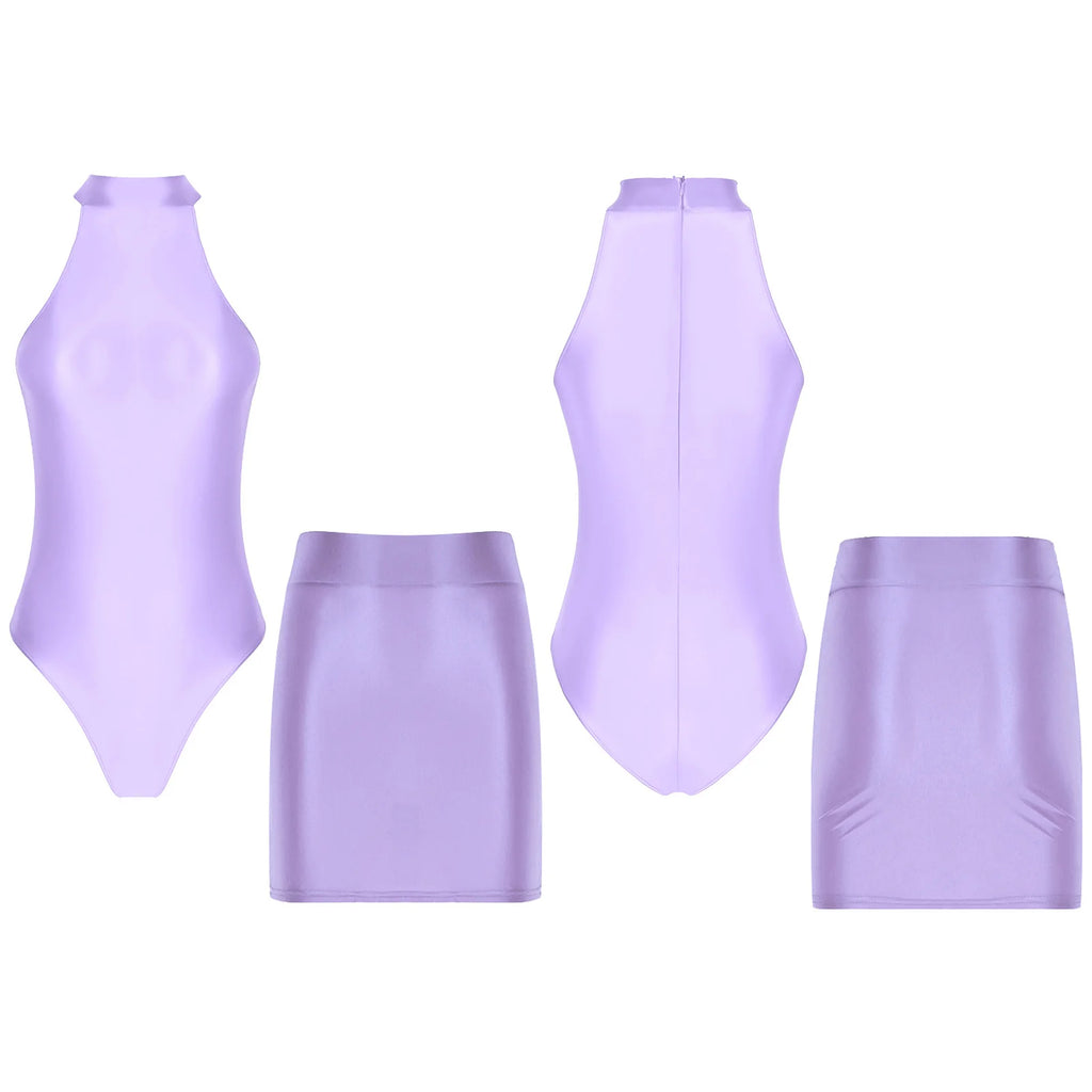 Women Glossy Outfits Swimwear Sleeveless Back Zipper Bodysuit Leotard with Elastic SkirtS for Club Dance Raves Party Nightwear