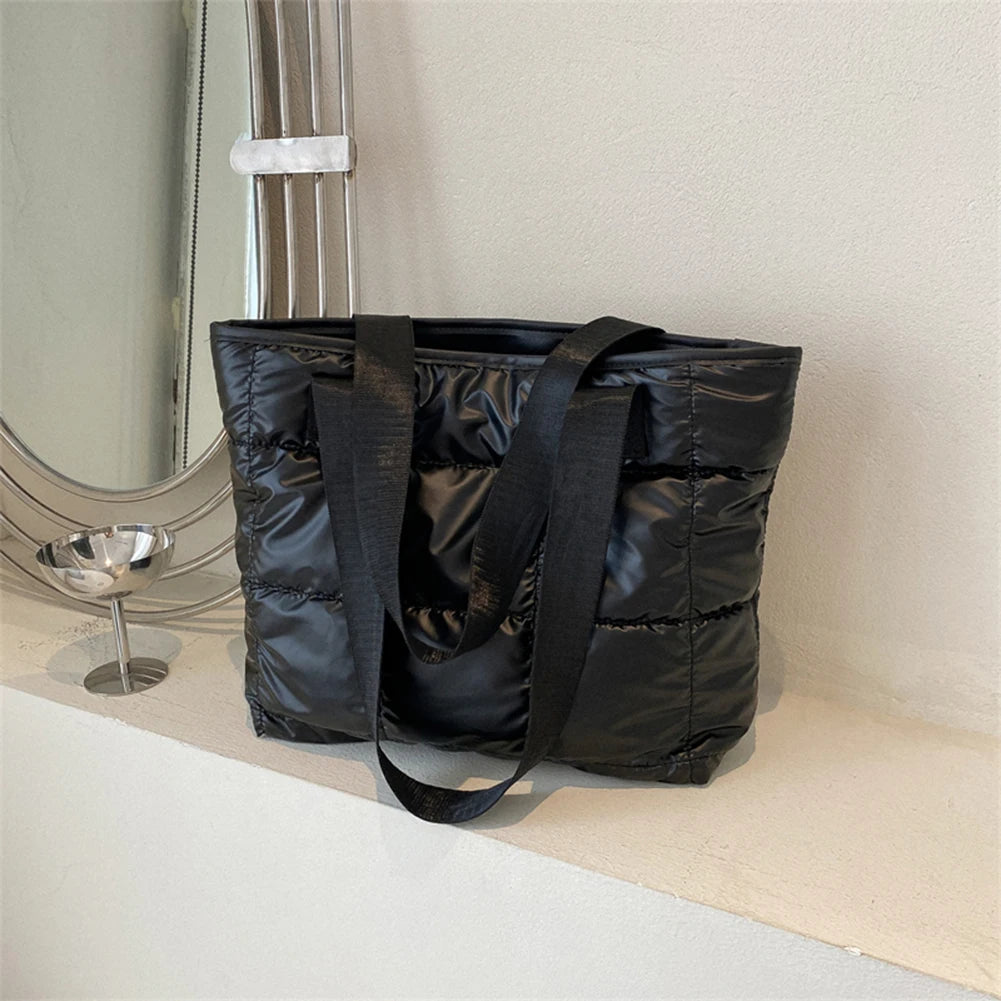 HOMEFISH Solid Color Cotton Padded Shopping Bag, Rhombus Quilted Portable Tote Handbag, Large Capacity Ladies Daily Bag