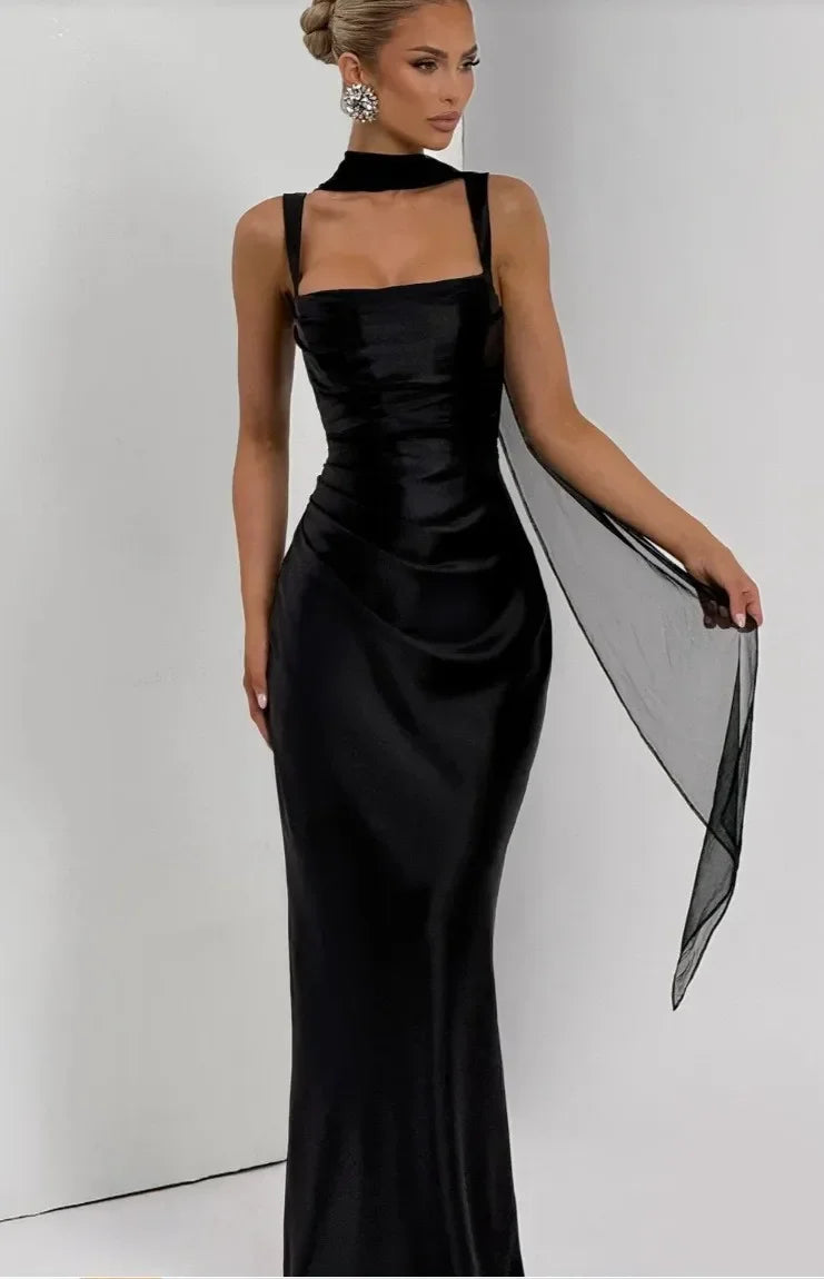 Elegant Scarf Collar Sling Women Summer Dress Solid Sleeveless Off-shoulder Slim Maxi Dresses 2026 Lady Chic Evening Party Gown