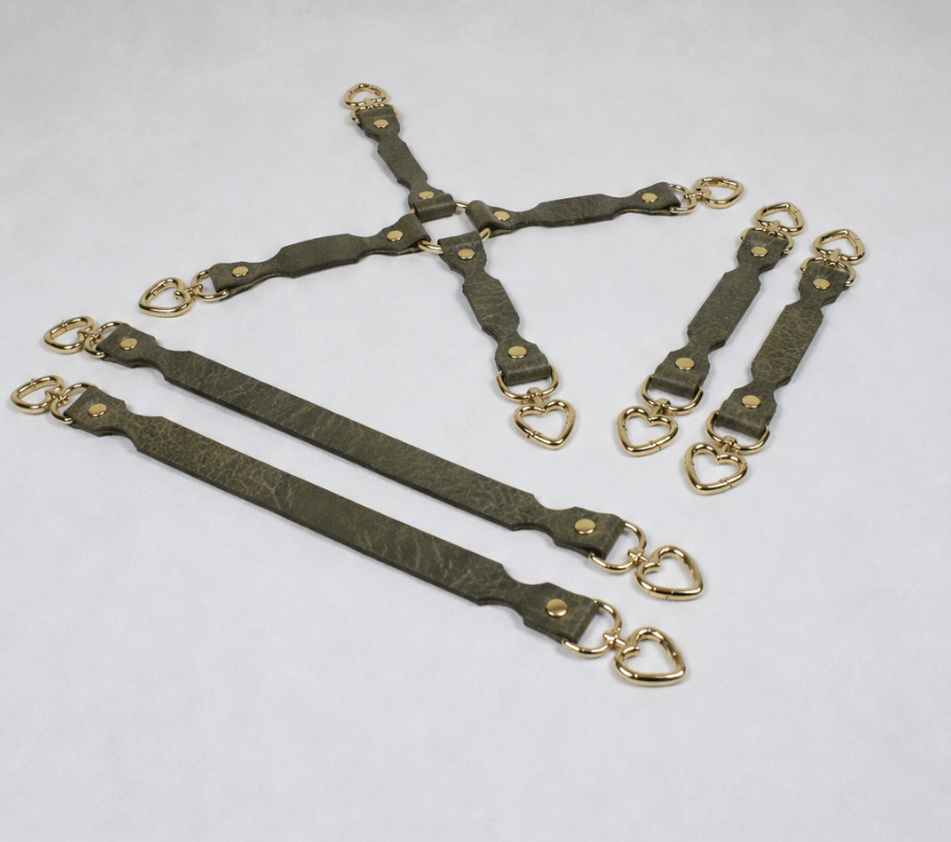 BDSM Restraint Connector Set Marble Olive Leather with Heart Rings