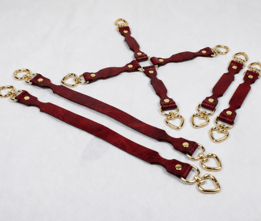 BDSM Restraint Connector Set Marble Red Leather with Heart Rings