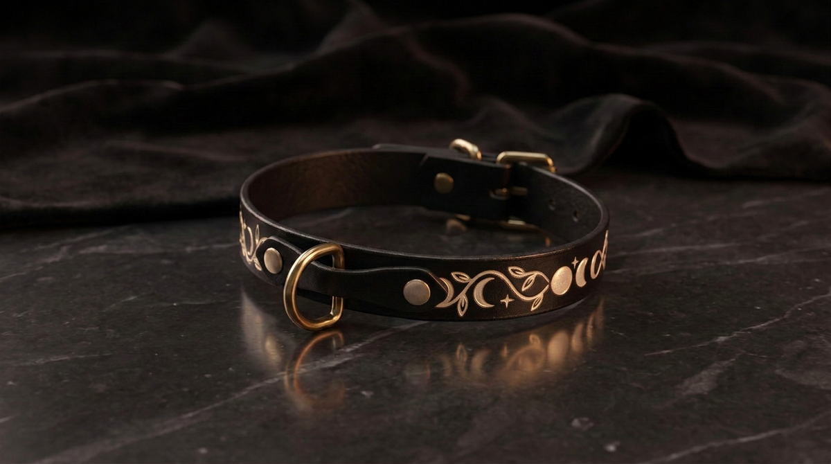 Celestial Day Collar – Moon Phases Leather BDSM Choker Adjustable