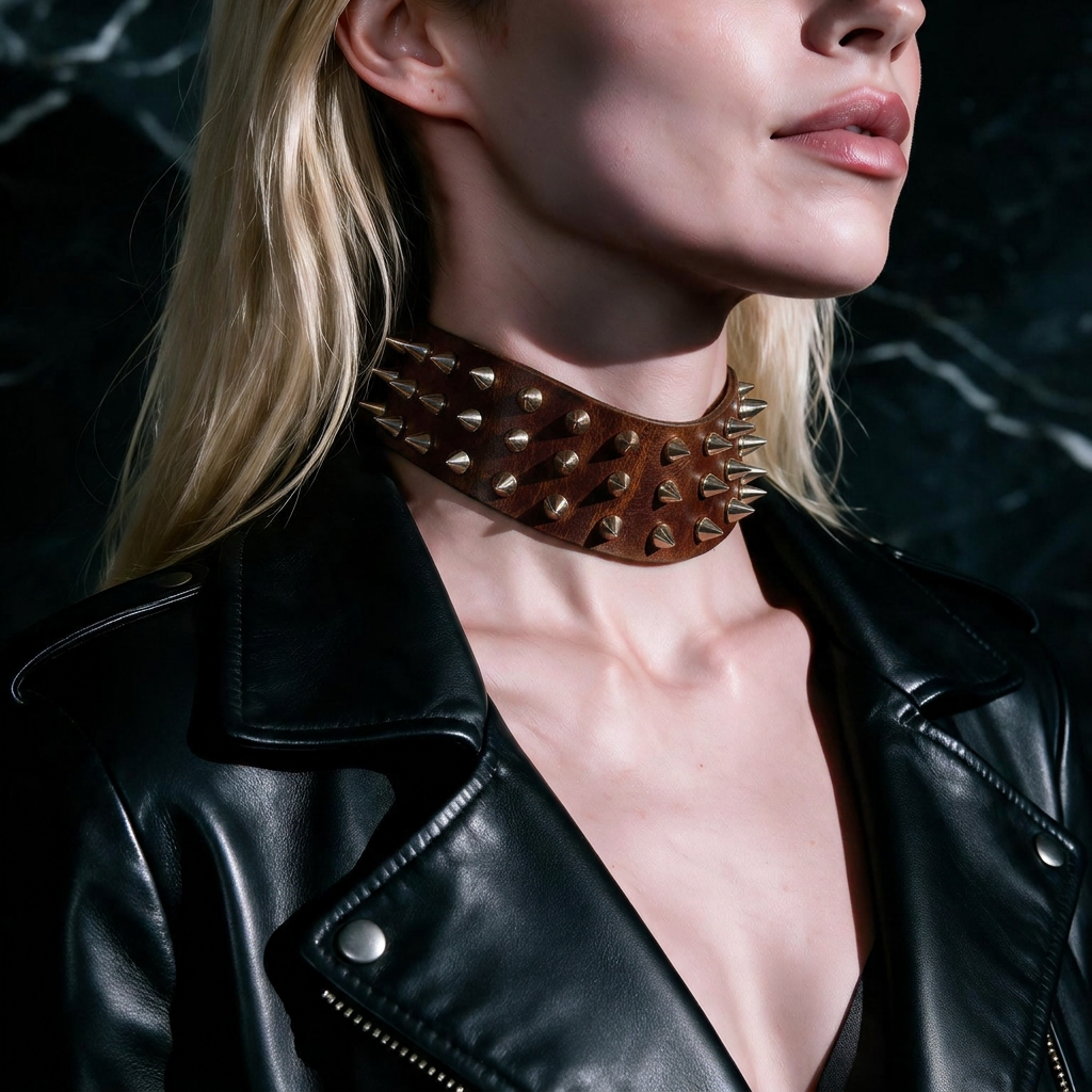 Spiked BDSM Collar', 38mm Leather Choker, Chrome Spikes, Adjuster