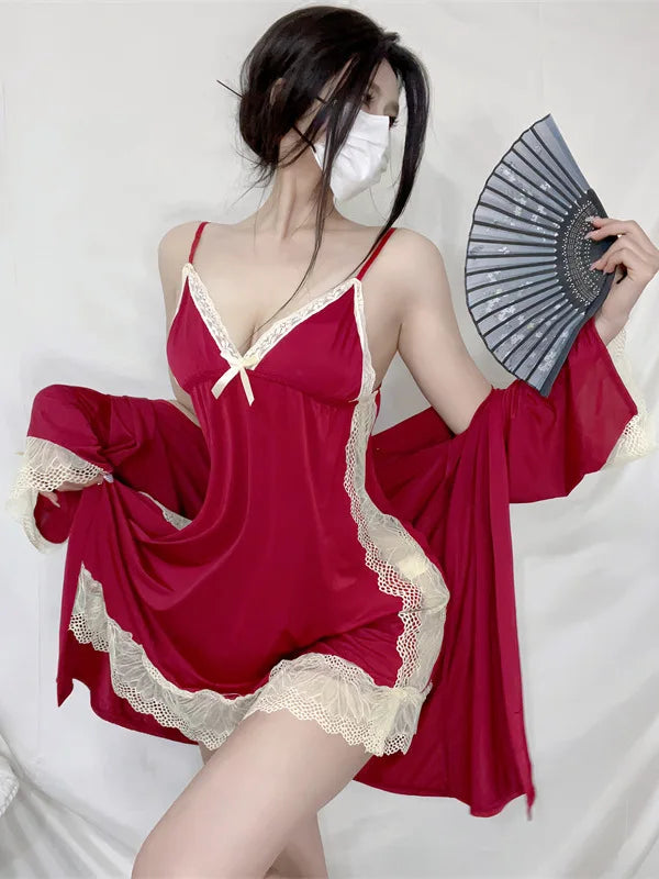 Erotic Sleepwear Three Piece Sleepwear V-neck Camisole Hollow Lace Dress Elegant Lace Hot Sexy Women Mini Dress Autumn Top 10AW
