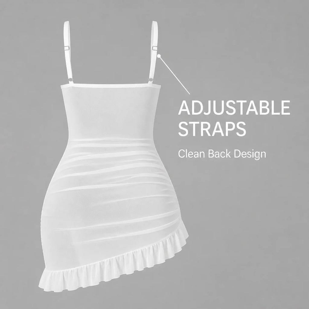 Women's Transparent Lace Lingerie Nightdress with Matching Panties, Ruched Ruffle Hem Babydoll Sleepwear, Four Colors S-XL