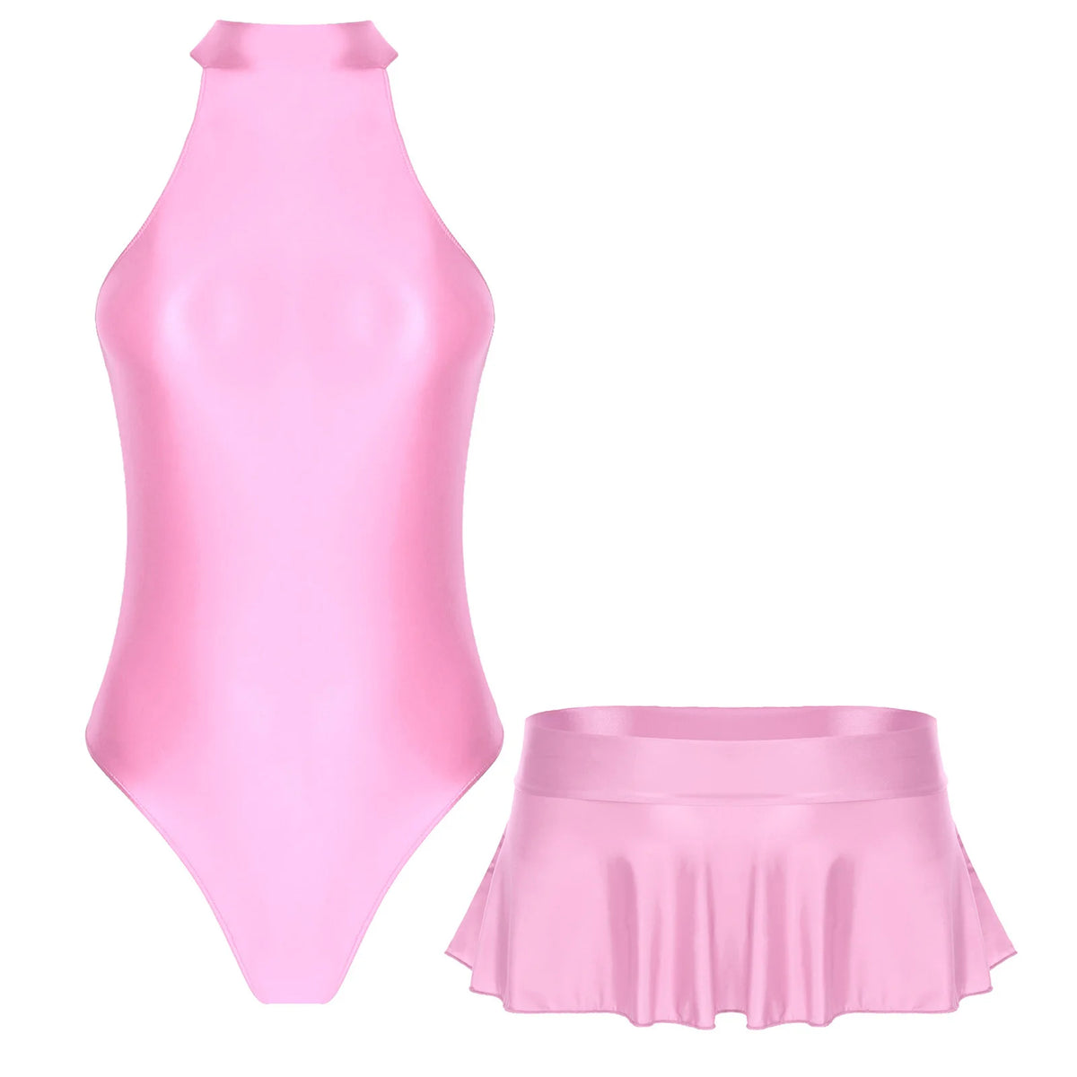 Women Glossy Outfits Swimwear Sleeveless Back Zipper Bodysuit Leotard with Elastic SkirtS for Club Dance Raves Party Nightwear