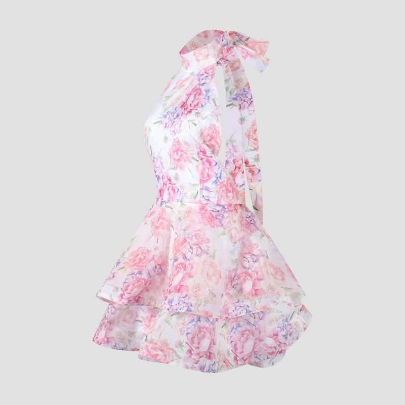 Chic Floral Printed Mini Dress Backless Sleeveless Hem Stacking Dresses Sweet A Line Vestidos 2025 New Lady Party Club Clothing