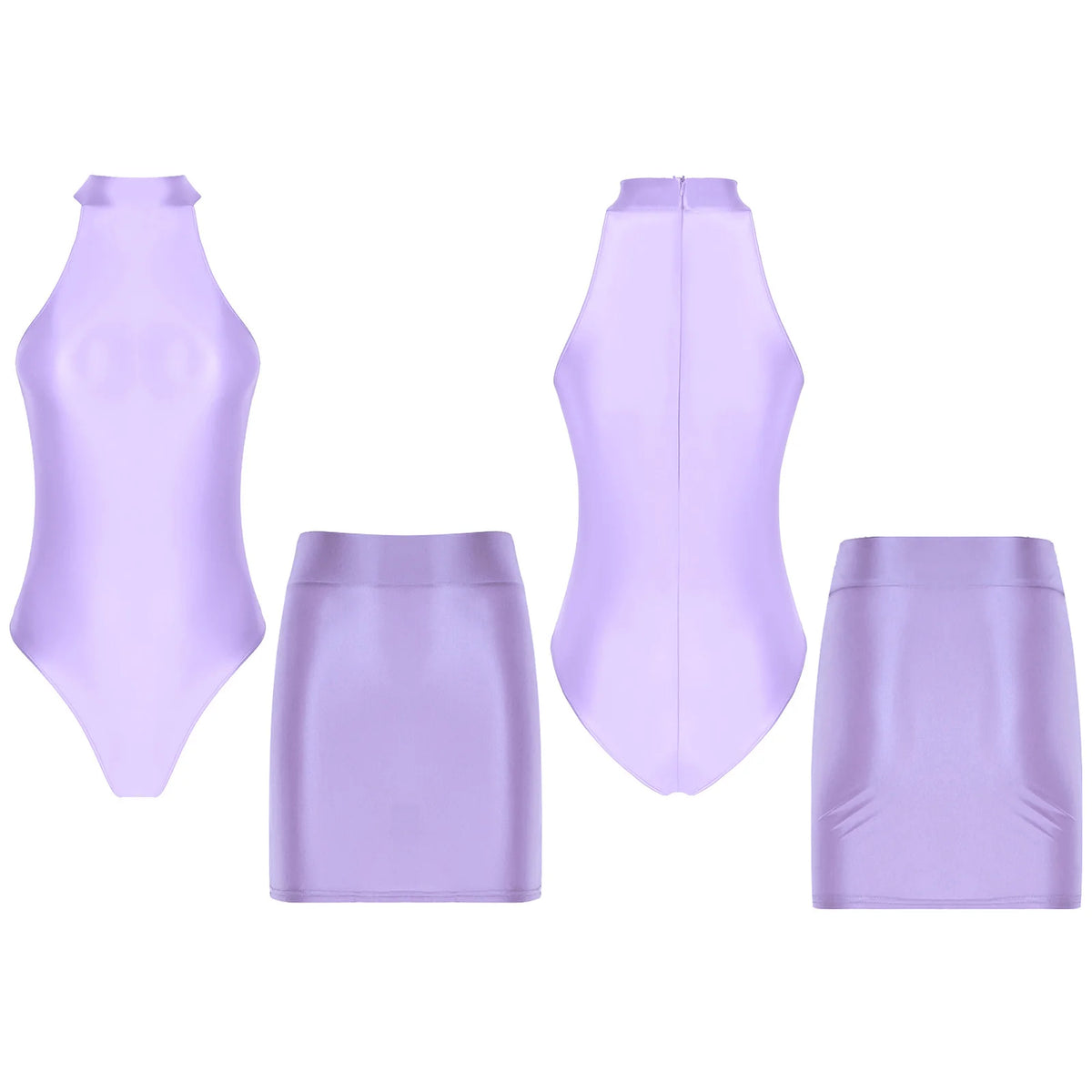 Women Glossy Outfits Swimwear Sleeveless Back Zipper Bodysuit Leotard with Elastic SkirtS for Club Dance Raves Party Nightwear