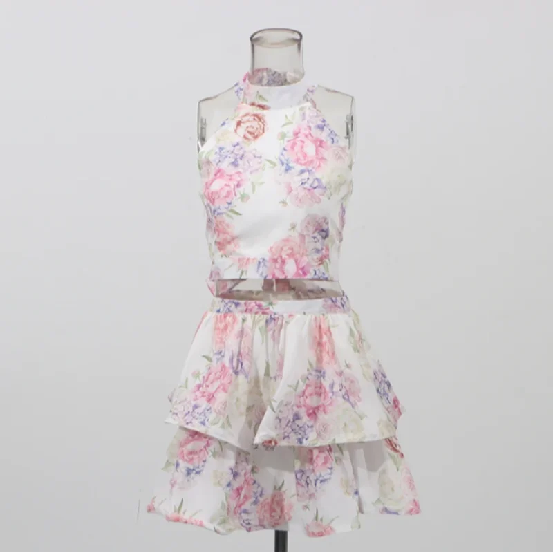 Chic Floral Printed Mini Dress Backless Sleeveless Hem Stacking Dresses Sweet A Line Vestidos 2025 New Lady Party Club Clothing