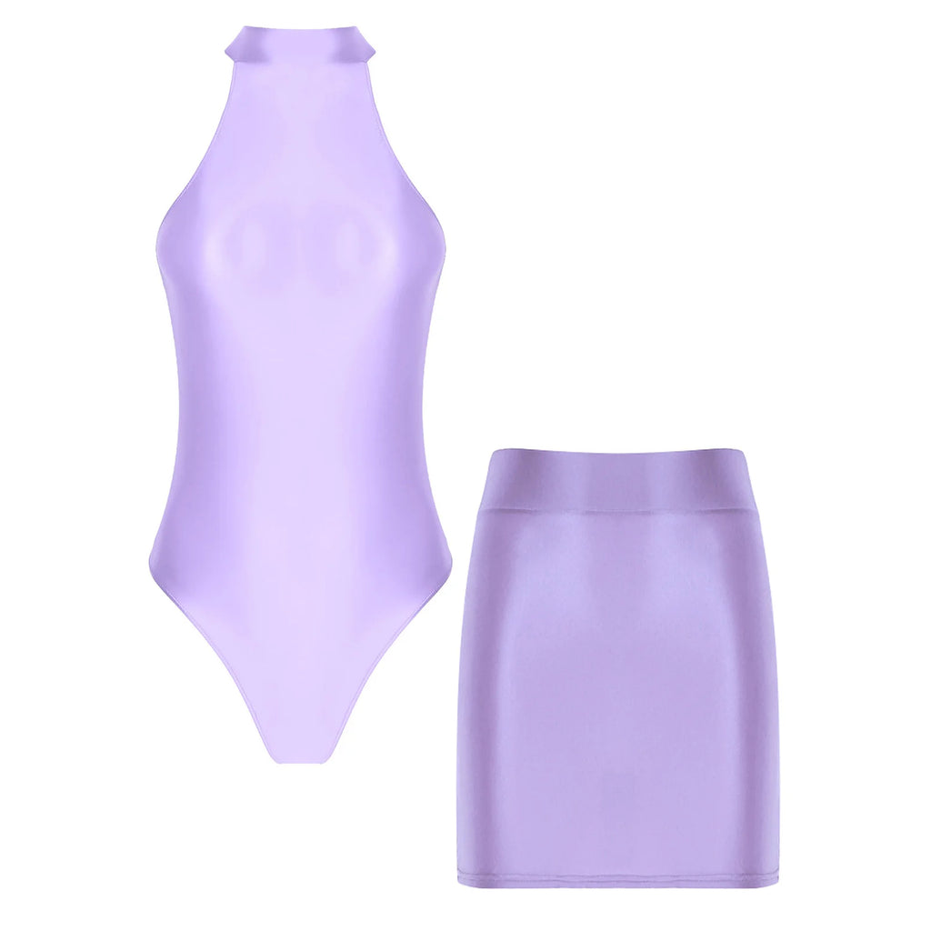 Women Glossy Outfits Swimwear Sleeveless Back Zipper Bodysuit Leotard with Elastic SkirtS for Club Dance Raves Party Nightwear