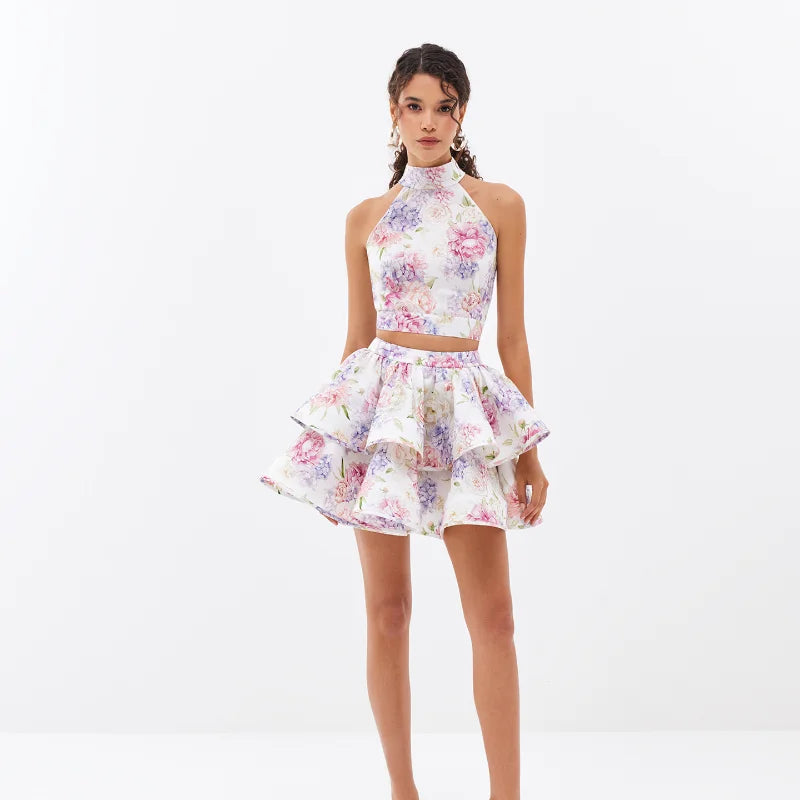 Chic Floral Printed Mini Dress Backless Sleeveless Hem Stacking Dresses Sweet A Line Vestidos 2025 New Lady Party Club Clothing