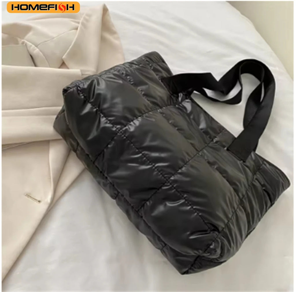HOMEFISH Solid Color Cotton Padded Shopping Bag, Rhombus Quilted Portable Tote Handbag, Large Capacity Ladies Daily Bag