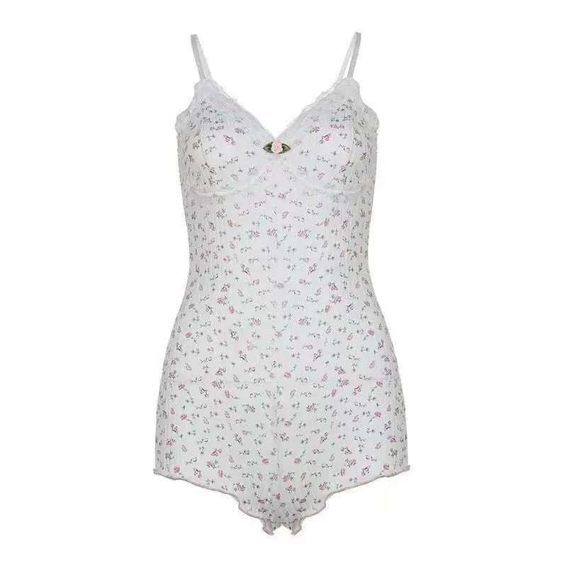 Women's Sweet Pink Floral Print Lace Trim Bodysuit Spaghetti Straps Ruffle Hem Cute Kawaii Lingerie Sleepwear One Piece Outfit