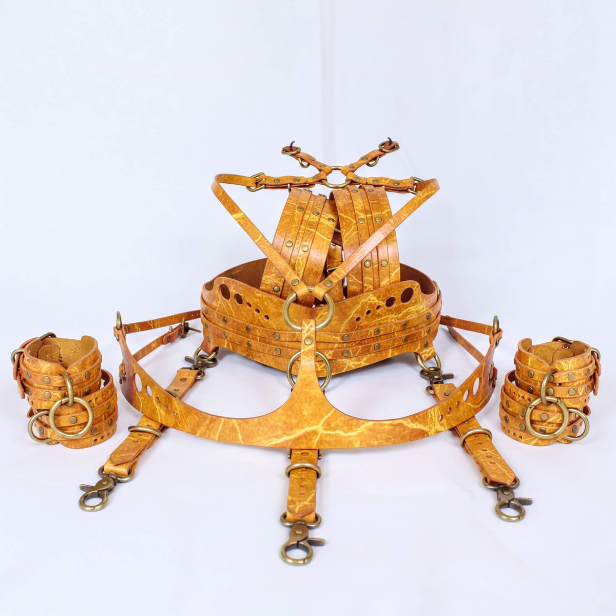 Bondage Gear Marble Mustard Deluxe BDSM Harness with Cuffs