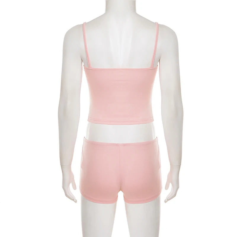 SUCHCUTE Women Pink Two Piece Set Cami Tank Top High Waist Shorts Bow Trim Sexy Bodycon Home Lounge Wear Summer Sleepwear Outfit