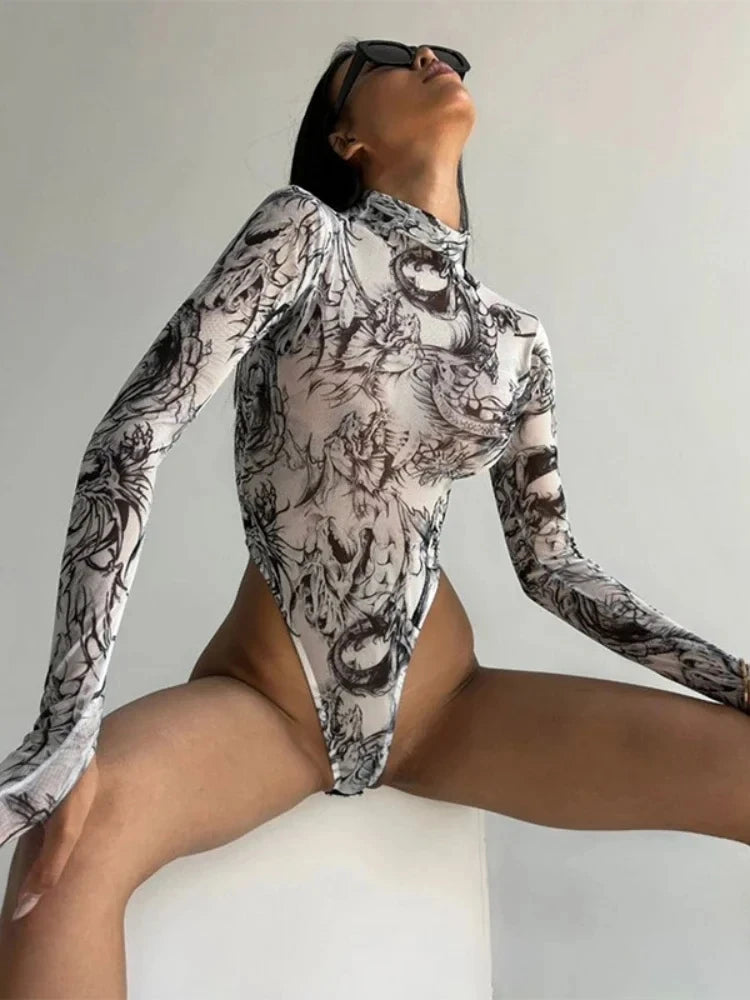 See Through Mesh Bodysuit Long Sleeve Lingerie Sexy Body Feminino Sexy Tops Women Rave Outfit Slim One-pieces Lenceria Femenina