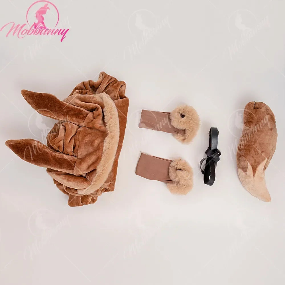 Mobbunny PM Derivative Women Sexy Lingerie Bodysuit Plush Fluffy Hooded Deep V Romper and Socks with Belt and Tail
