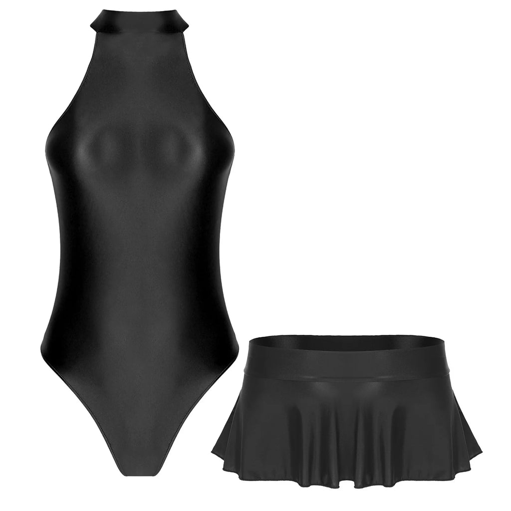 Women Glossy Outfits Swimwear Sleeveless Back Zipper Bodysuit Leotard with Elastic SkirtS for Club Dance Raves Party Nightwear
