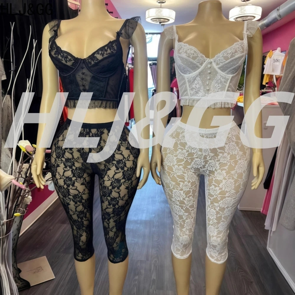 HLJ&GG Sexy Lace See Through 2 Pieces Set for Woman Spaghetti Strap Crop Top + Leggings Pants Suit Female Y2k Streetwear New