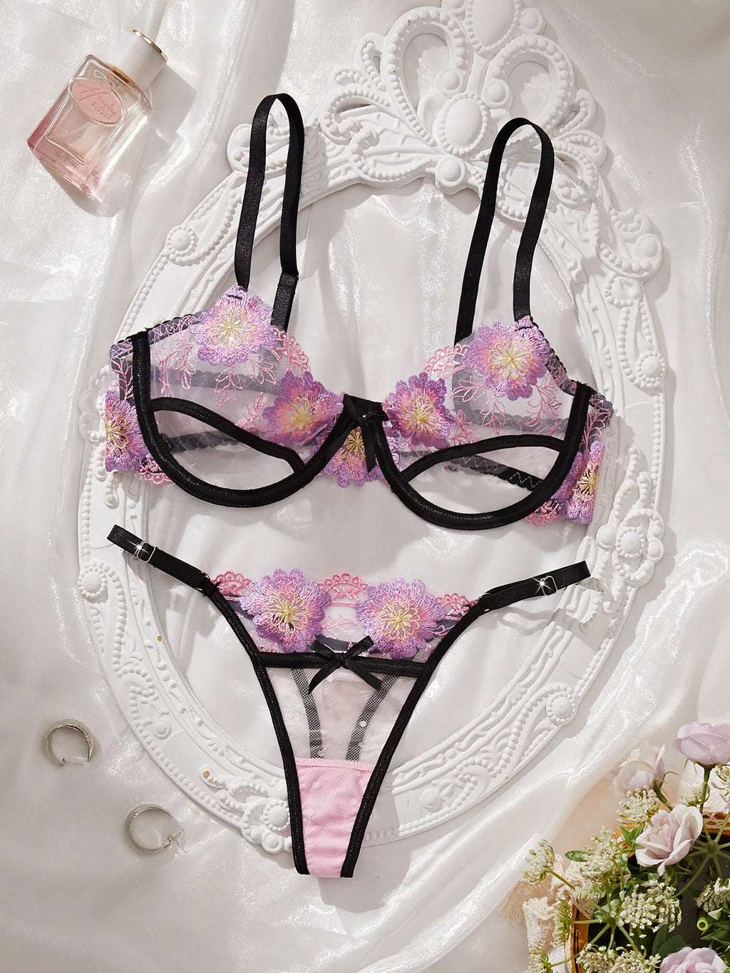 Women Romantic Purple Floral Embroidery Lingerie Set Cutout Sheer Mesh Underwire Bra T‑back Panties Cute Coquette Intimate