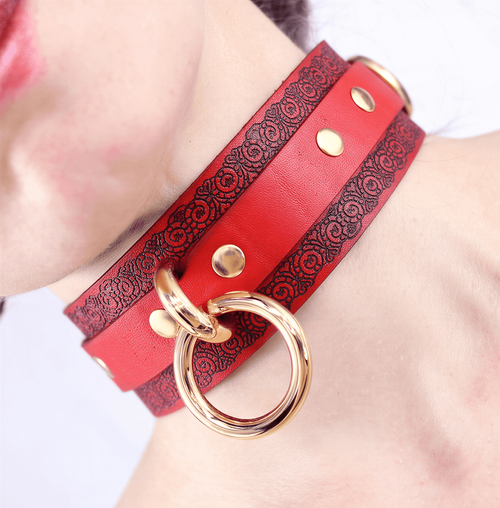 Red Wide Leather Choker Ornamental Slave Collar  BDSM Bondage Gift