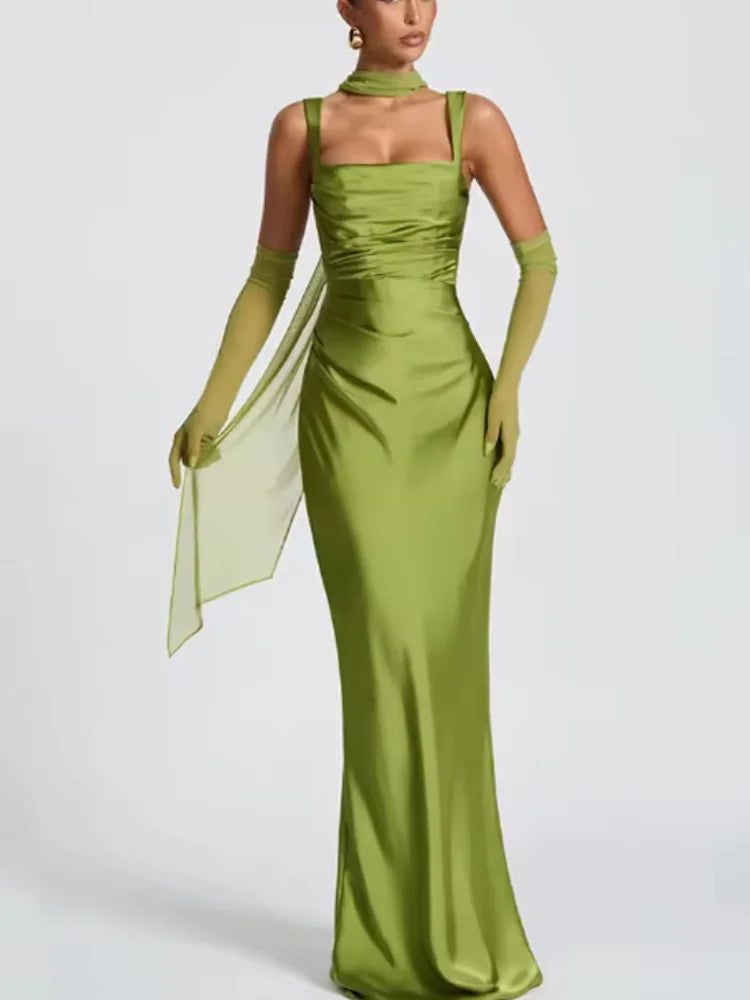 Elegant Scarf Collar Sling Women Summer Dress Solid Sleeveless Off-shoulder Slim Maxi Dresses 2026 Lady Chic Evening Party Gown