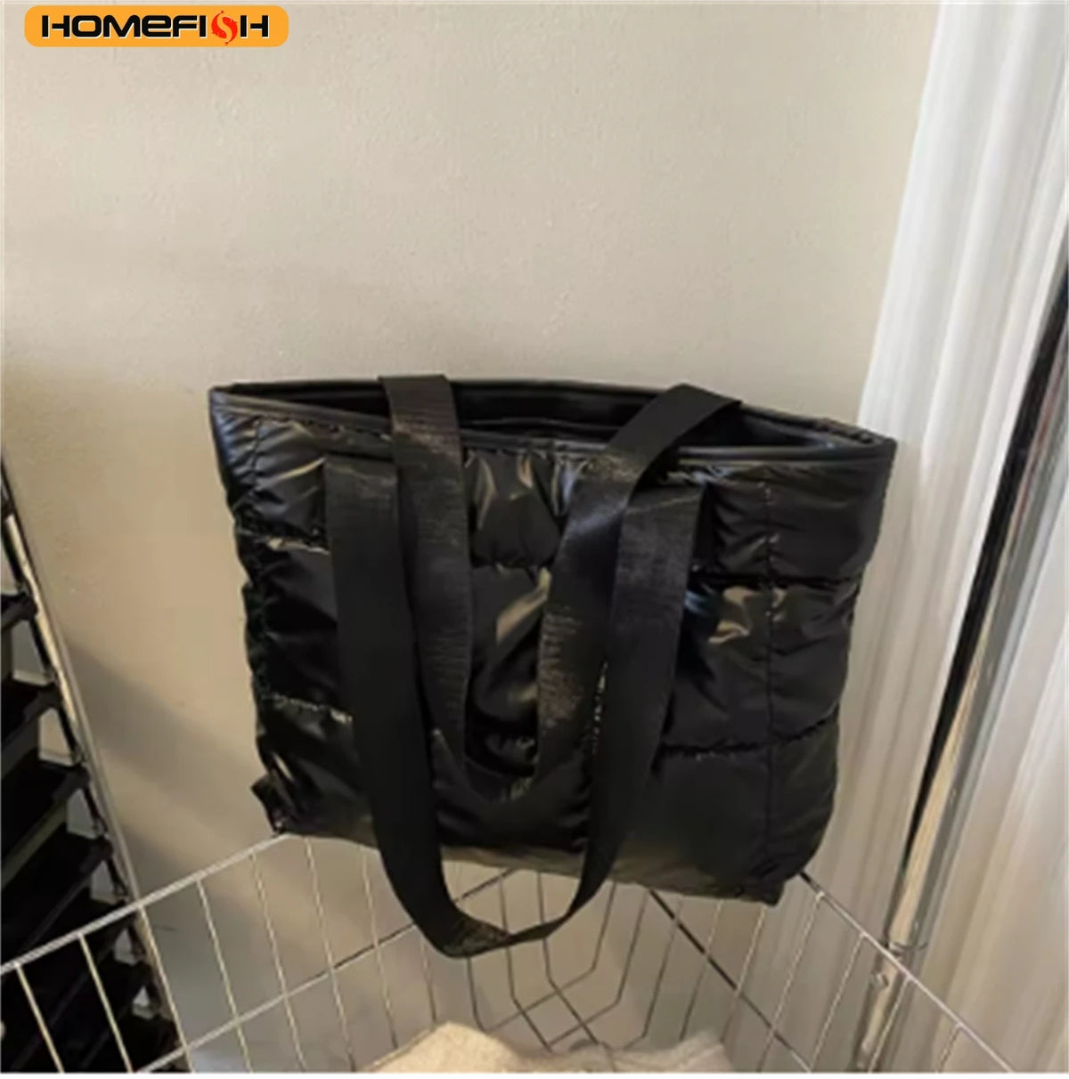 HOMEFISH Solid Color Cotton Padded Shopping Bag, Rhombus Quilted Portable Tote Handbag, Large Capacity Ladies Daily Bag