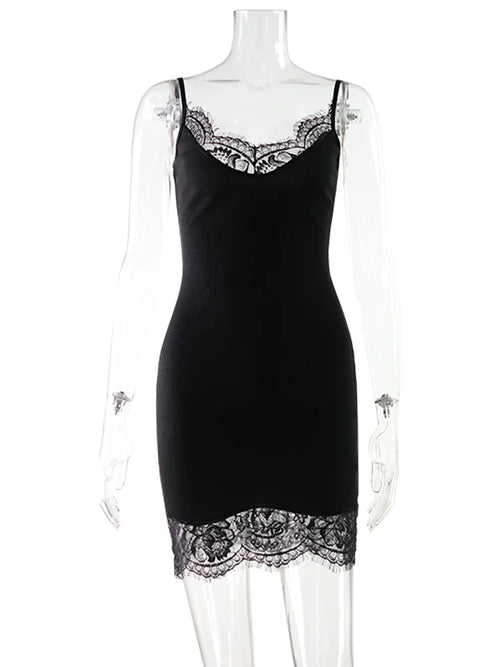 Ahagaga Sexy Women's Mini Dress Straps Patchwork Lace Sheath Sleepwear Sleeveless Nightgown Camisole Basic Female Vestidos Slim