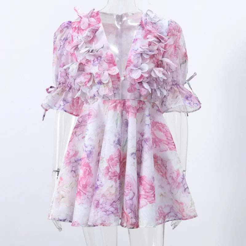 Chic Floral Printed Mini Dress Backless Sleeveless Hem Stacking Dresses Sweet A Line Vestidos 2025 New Lady Party Club Clothing