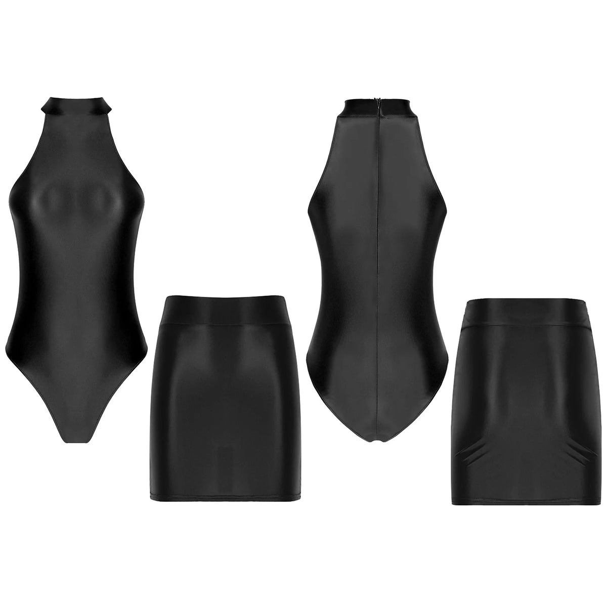 Women Glossy Outfits Swimwear Sleeveless Back Zipper Bodysuit Leotard with Elastic SkirtS for Club Dance Raves Party Nightwear