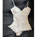 Women's Sweet Pink Floral Print Lace Trim Bodysuit Spaghetti Straps Ruffle Hem Cute Kawaii Lingerie Sleepwear One Piece Outfit