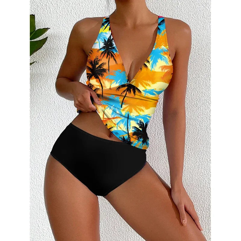 2026 Sexy Deep V Bikini Set Strappy Halter Swim Top & High Waist Panties Women's Printed Two Piece Swimsuit Beach Bathing Suit