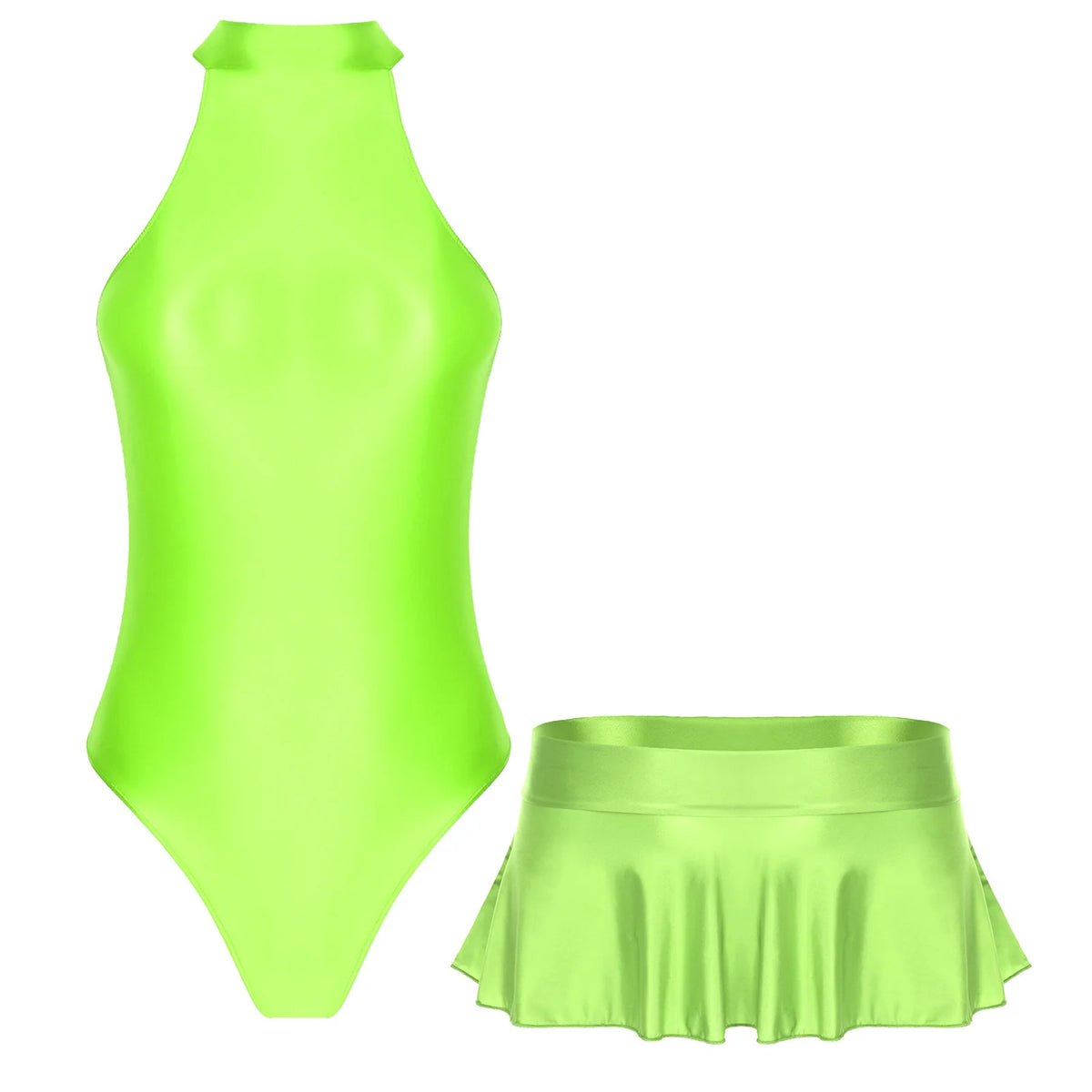 Women Glossy Outfits Swimwear Sleeveless Back Zipper Bodysuit Leotard with Elastic SkirtS for Club Dance Raves Party Nightwear