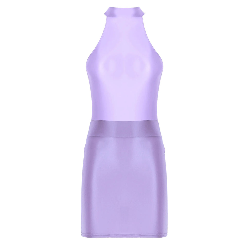Women Glossy Outfits Swimwear Sleeveless Back Zipper Bodysuit Leotard with Elastic SkirtS for Club Dance Raves Party Nightwear
