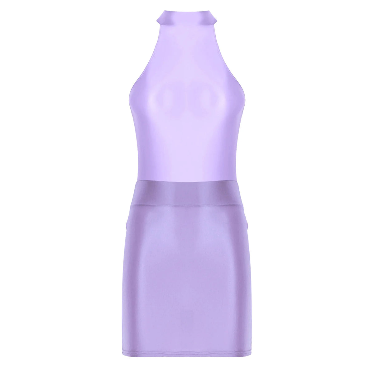 Women Glossy Outfits Swimwear Sleeveless Back Zipper Bodysuit Leotard with Elastic SkirtS for Club Dance Raves Party Nightwear