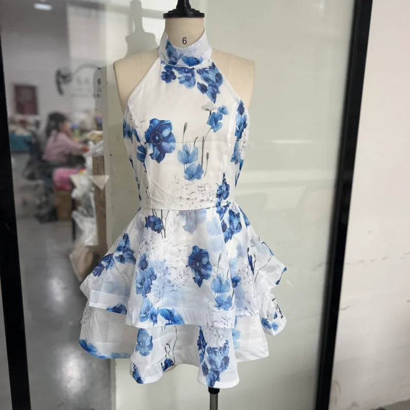 Chic Floral Printed Mini Dress Backless Sleeveless Hem Stacking Dresses Sweet A Line Vestidos 2025 New Lady Party Club Clothing