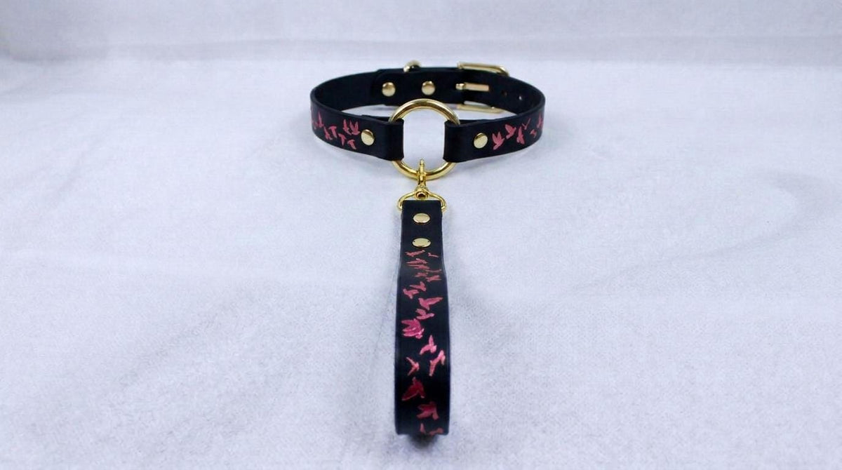 Leather BDSM Collar Set, Birds Motif Leather Leash, Daywear Style